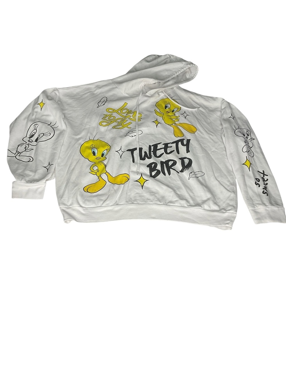 Looney Tunes Tweety Bird Graphic Cropped Hoodie White XL Fleece Pullover